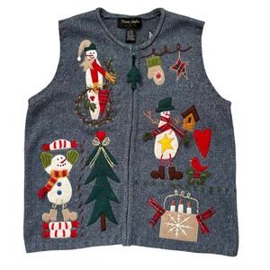 Theme Works Blue Primitive Snowman Full Zip Sweater Vest Large Grandmacore